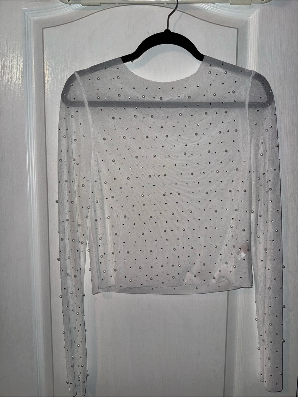 Sheer White Pearl-Embellished Long-Sleeve Top